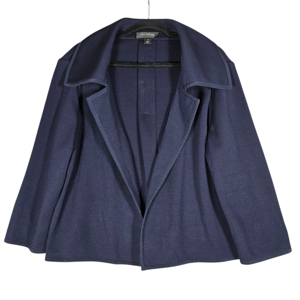St. John Blazer Jacket Womens 14 Navy Blue Wool Blend Knit Open Front Cardigan